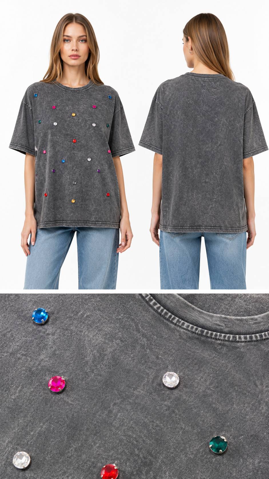 15768-5 YIKAMALI T-SHIRT 20 AD YUVARLAK RENKLİ KASALI TAŞ