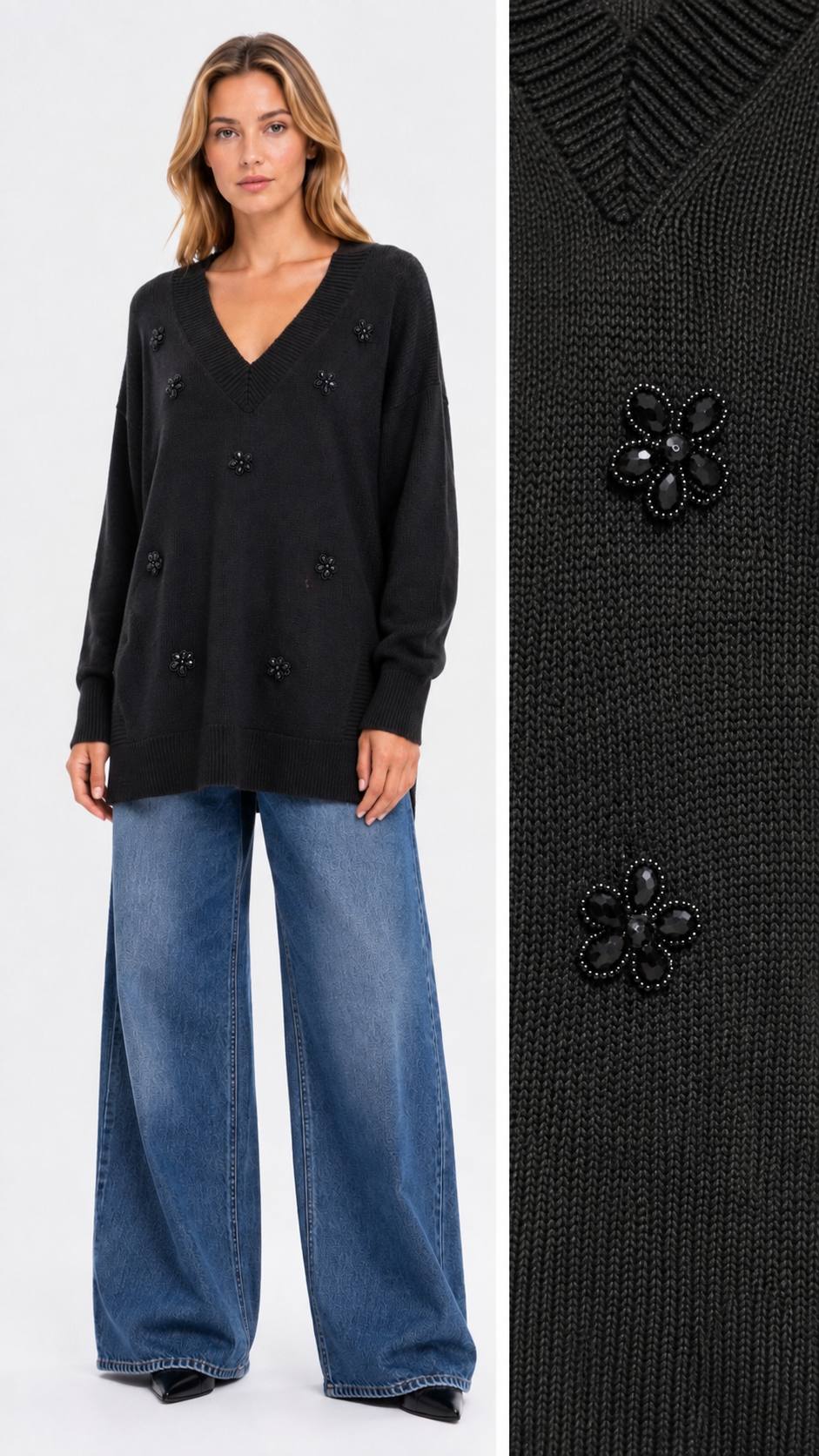 OVERSIZE TRİKO KAZAK 9 AD SİYAH TAŞLI ÇİÇEK