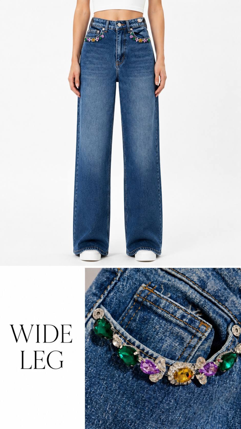 ELASTAN WIDELEG DENİM PANTOLON CEPTE RENKLİ ŞERİT TAŞ