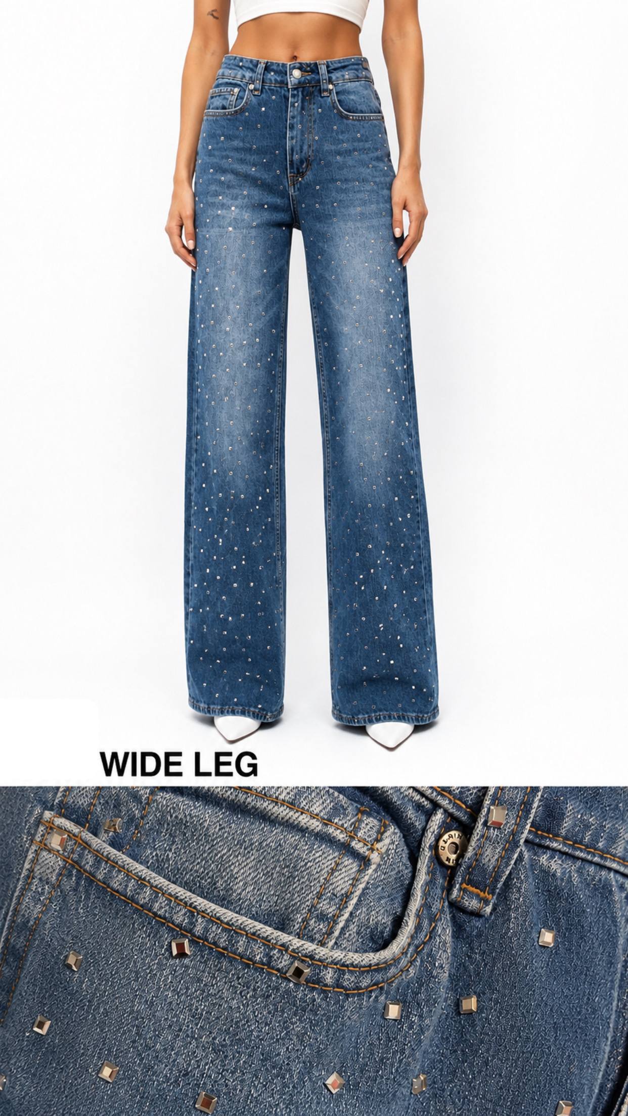 ELASTAN WIDELEG DENİM PANTOLON KARE FULL TAŞ YAP.