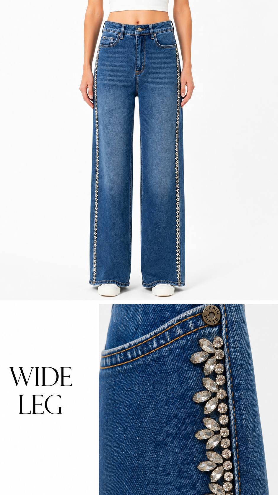 ELASTAN WIDELEG DENİM PANTOLON ÇİÇEKLİ ŞERİT TAŞ YAP.
