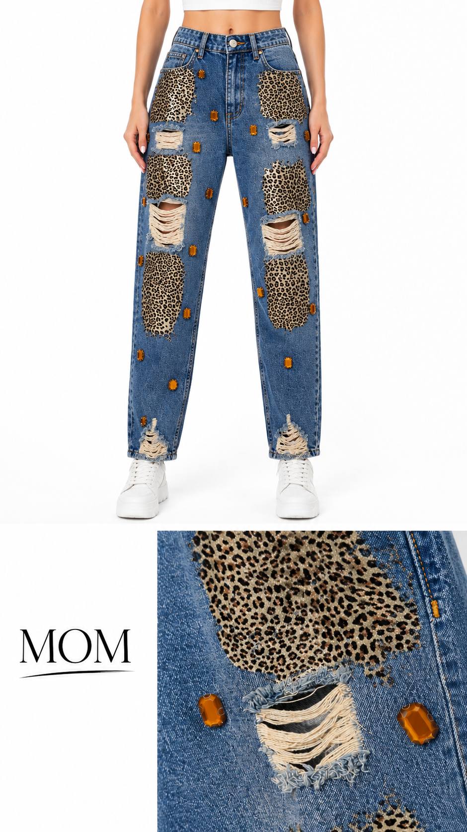 LAZERLİ MOM DENİM PANTOLON LEOPAR VARAK+KASALI TAŞ